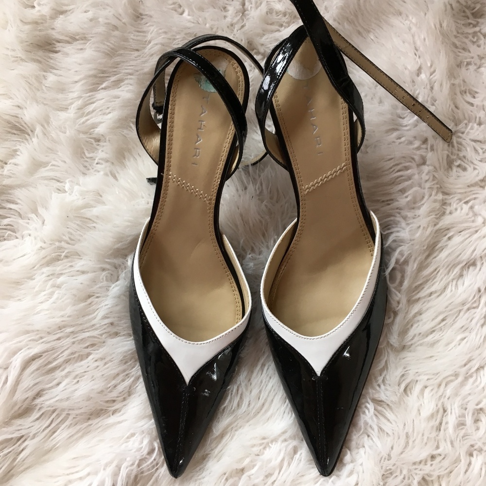 Tahari Black and White Patent Pointed Toe Heels